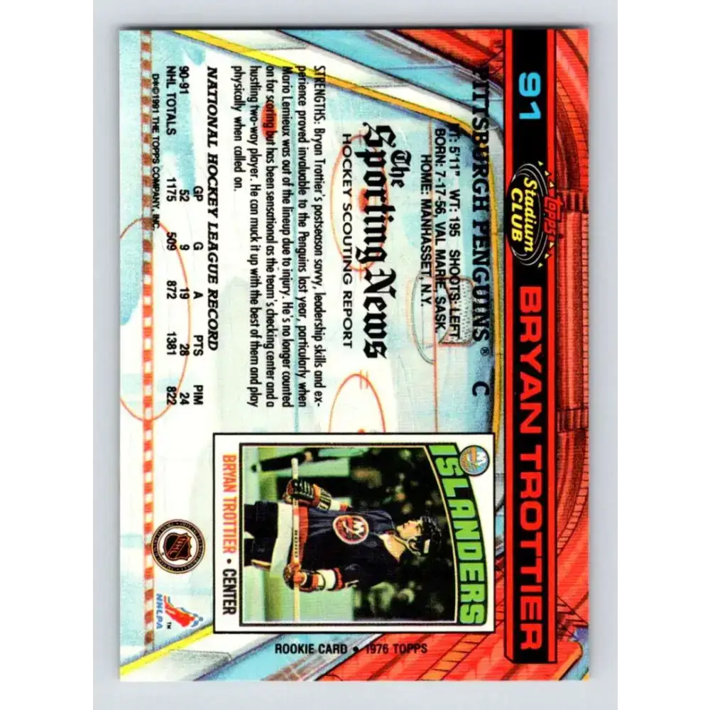 1991-92 Topps Stadium Club #91 Bryan Trottier NM-MT Pittsburgh Penguins Hockey Card - Hockey Card Single