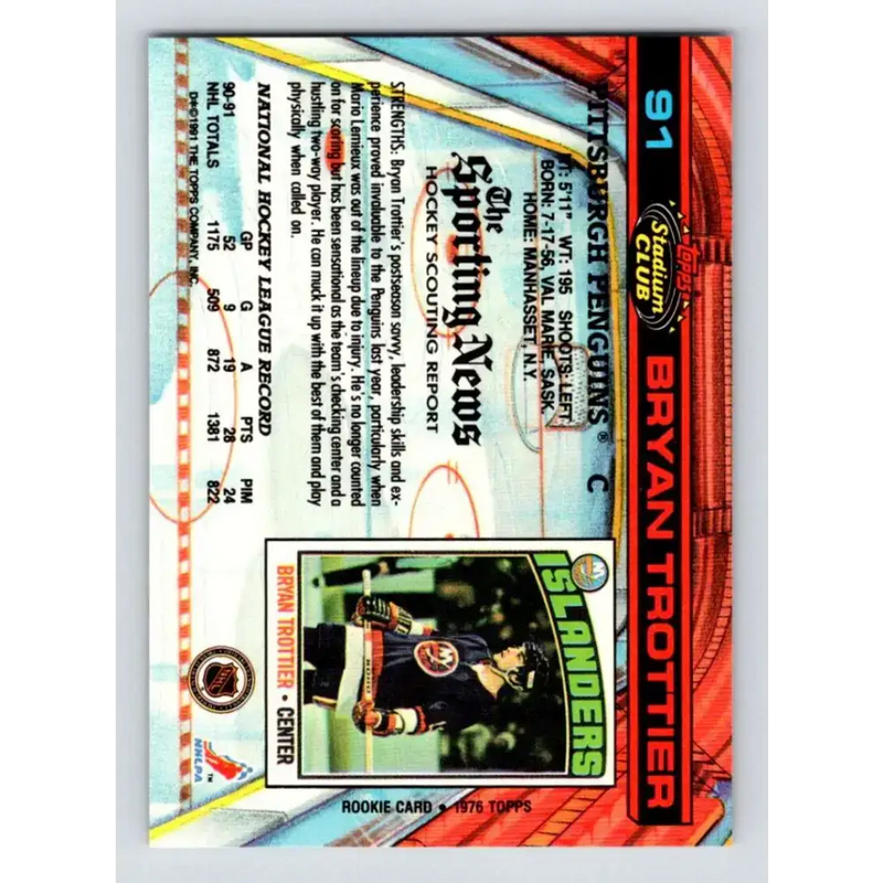 1991-92 Topps Stadium Club #91 Bryan Trottier NM-MT Pittsburgh Penguins Hockey Card - Hockey Card Single