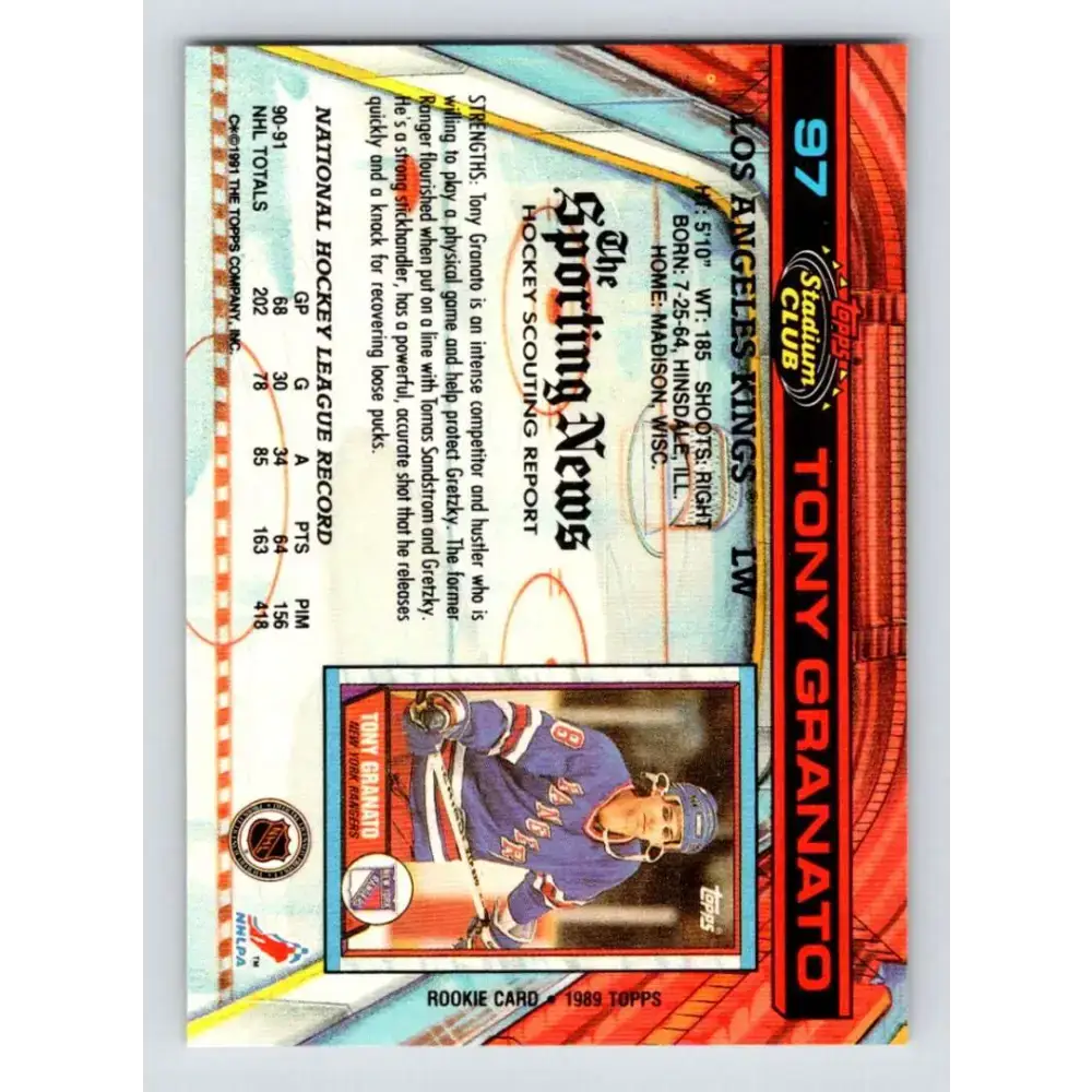 1991-92 Topps Stadium Club #97 Tony Granato NM-MT Los Angeles Kings Hockey Card - Hockey Card Single