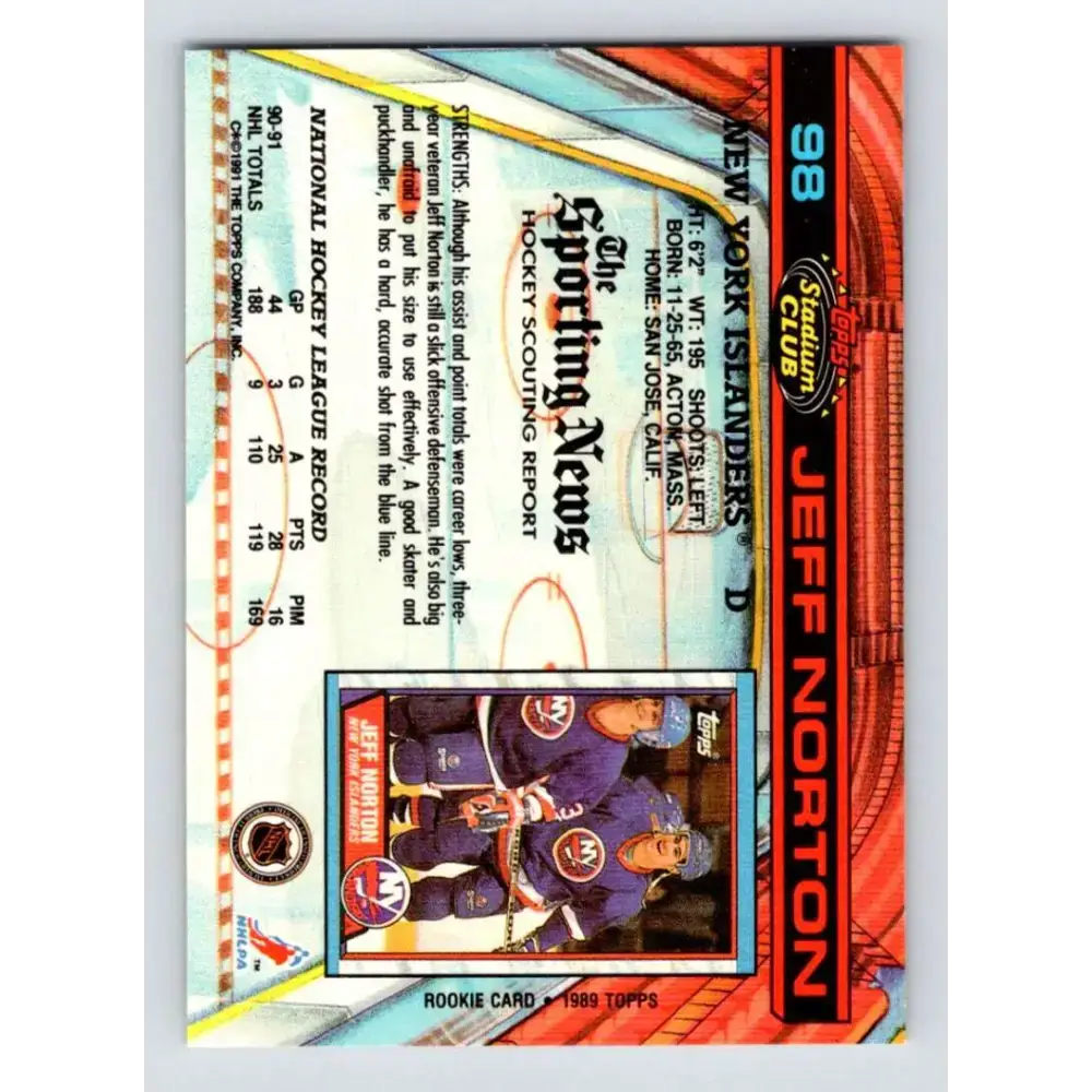 1991-92 Topps Stadium Club #98 Jeff Norton NM-MT New York Islanders Hockey Card - Hockey Card Single