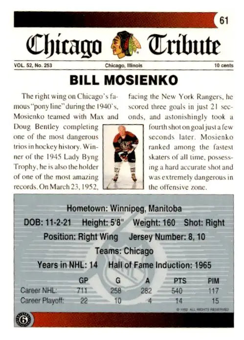 1991-92 Ultimate Original 6 #61 Bill Mosienko - Hockey Card Single