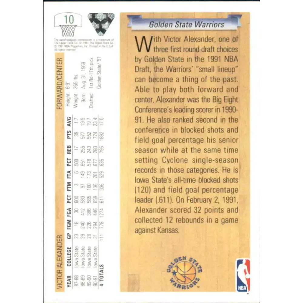 1991-92 Upper Deck #10 Victor Alexander NM-MT RC Rookie Golden State Warriors Basketball Card - Basketball Card Single