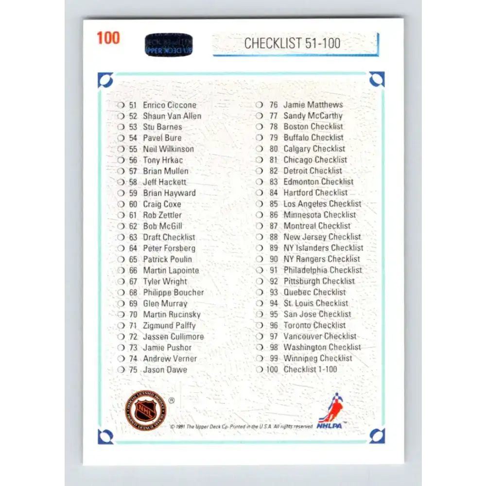 1991-92 Upper Deck #100 Checklist 1-100 NM-MT Hockey Card - Hockey Card Single