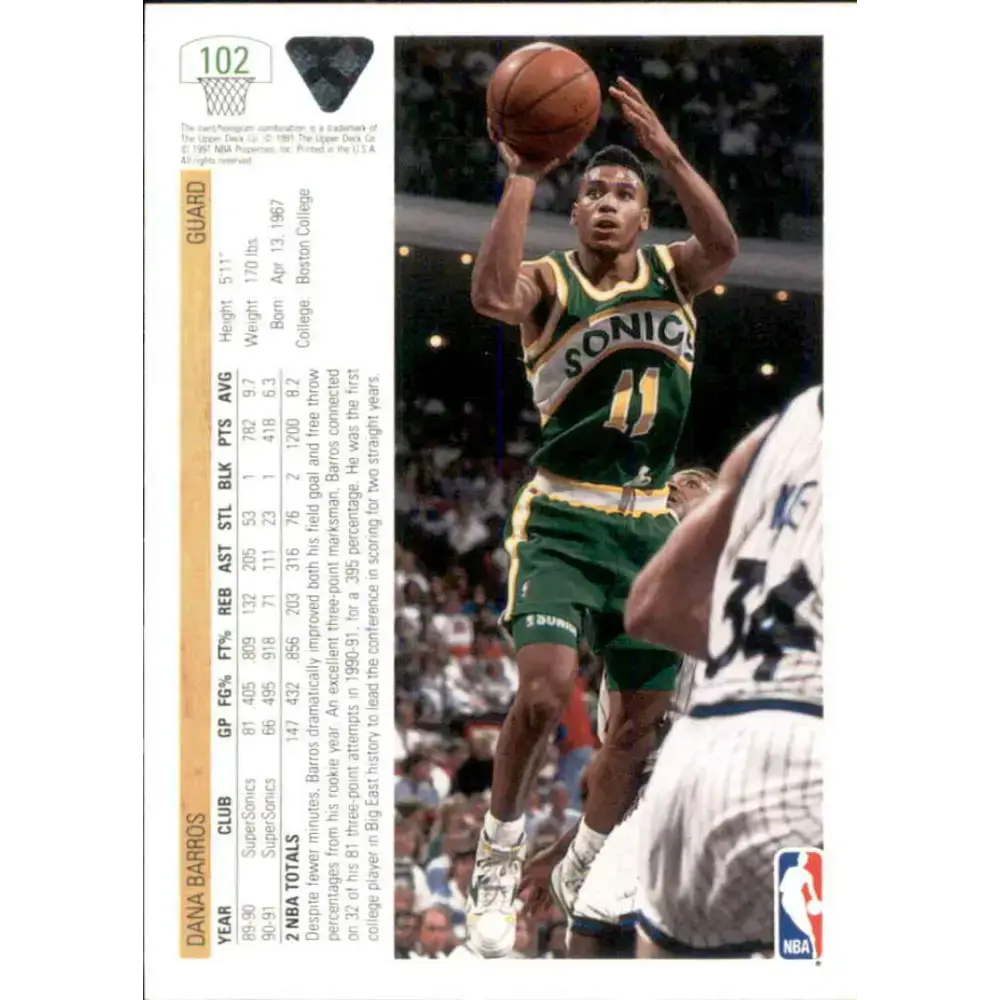 1991-92 Upper Deck #102 Dana Barros NM-MT Seattle SuperSonics Basketball Card - Basketball Card Single