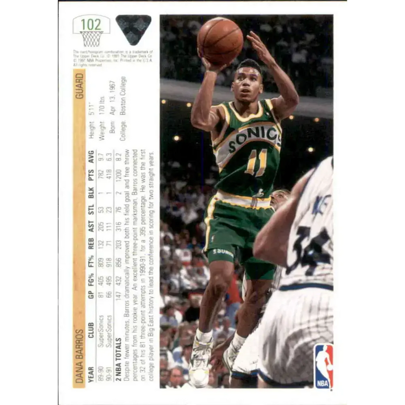 1991-92 Upper Deck #102 Dana Barros NM-MT Seattle SuperSonics Basketball Card - Basketball Card Single
