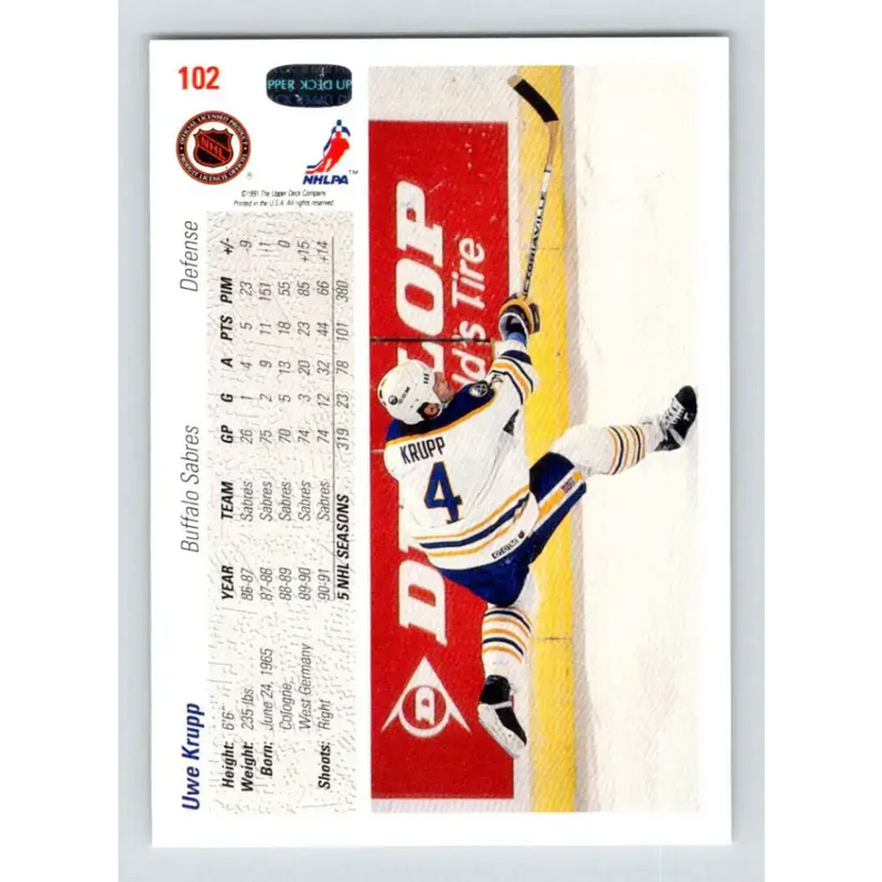 1991-92 Upper Deck #102 Uwe Krupp NM-MT Hockey Card - Hockey Card Single
