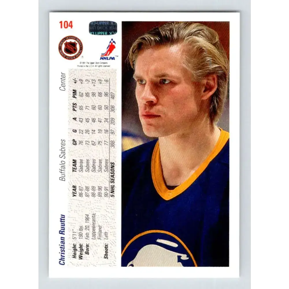 1991-92 Upper Deck #104 Christian Ruuttu NM-MT Buffalo Sabres Hockey Card - Hockey Card Single