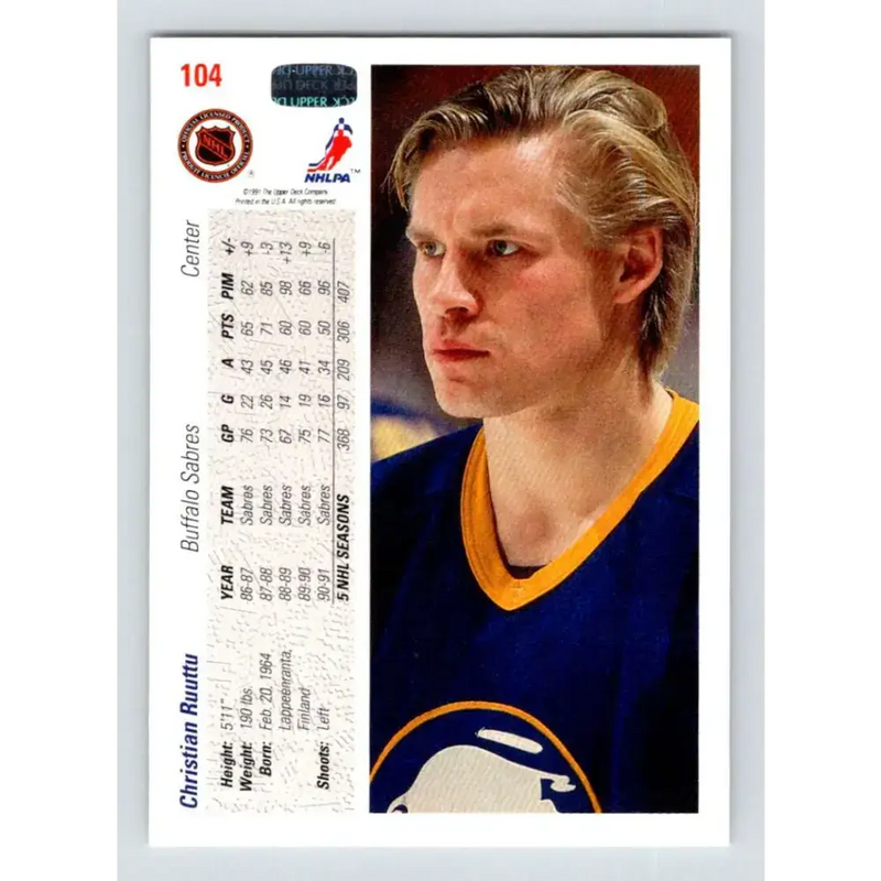1991-92 Upper Deck #104 Christian Ruuttu NM-MT Buffalo Sabres Hockey Card - Hockey Card Single