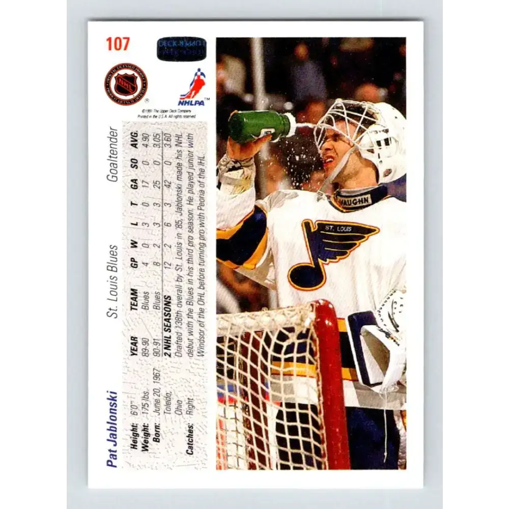 1991-92 Upper Deck #107 Pat Jablonski NM-MT RC Rookie St. Louis Blues Hockey Card - Hockey Card Single
