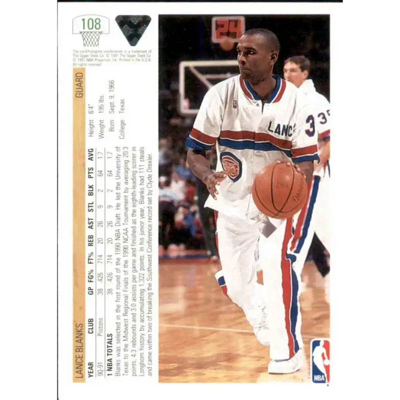 1991-92 Upper Deck #108 Lance Blanks NM-MT Detroit Pistons Basketball Card - Basketball Card Single