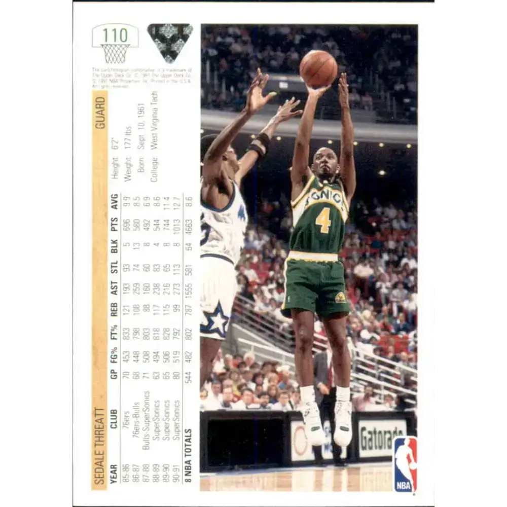 1991-92 Upper Deck #110 Sedale Threatt NM-MT Seattle SuperSonics Basketball Card - Basketball Card Single
