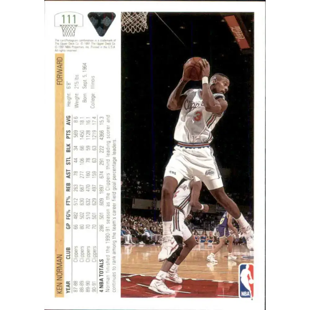 1991-92 Upper Deck #111 Ken Norman NM-MT Los Angeles Clippers Basketball Card - Basketball Card Single