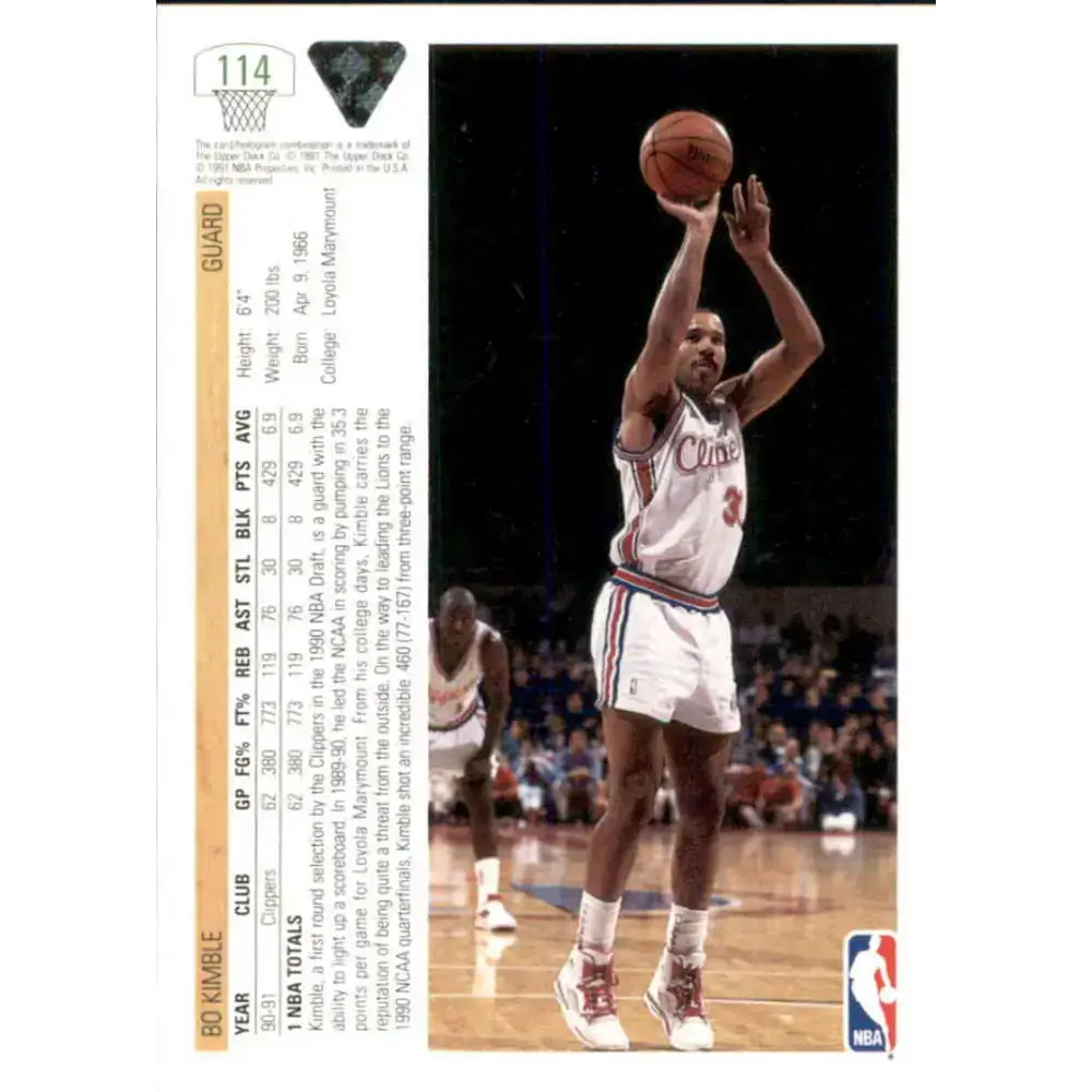 1991-92 Upper Deck #114 Bo Kimble NM-MT Los Angeles Clippers Basketball Card - Basketball Card Single