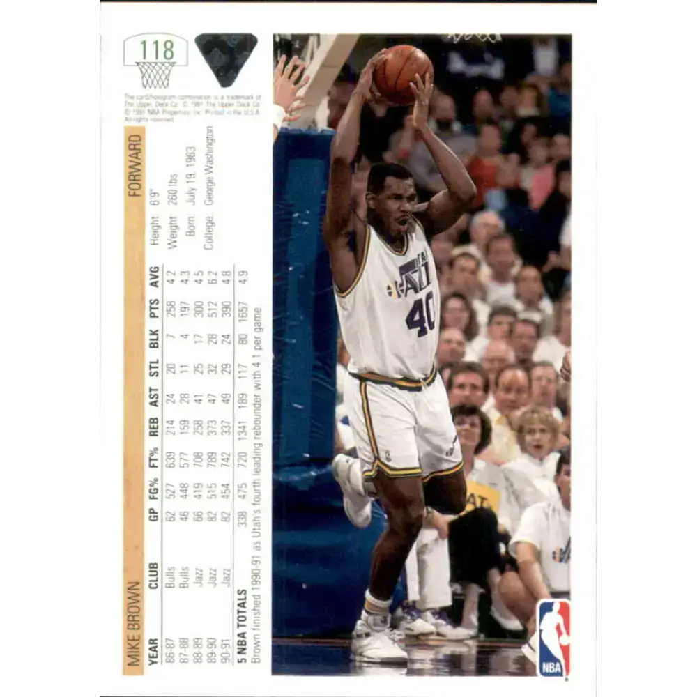 1991-92 Upper Deck #118 Mike Brown NM-MT Utah Jazz Basketball Card - Basketball Card Single