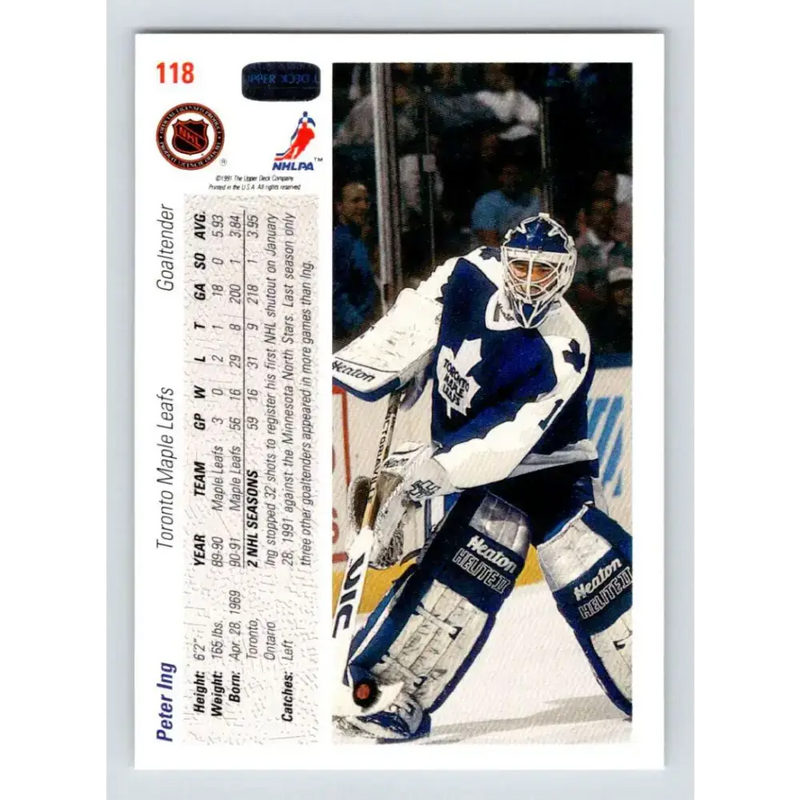 1991-92 Upper Deck #118 Peter Ing NM-MT Hockey Card - Hockey Card Single