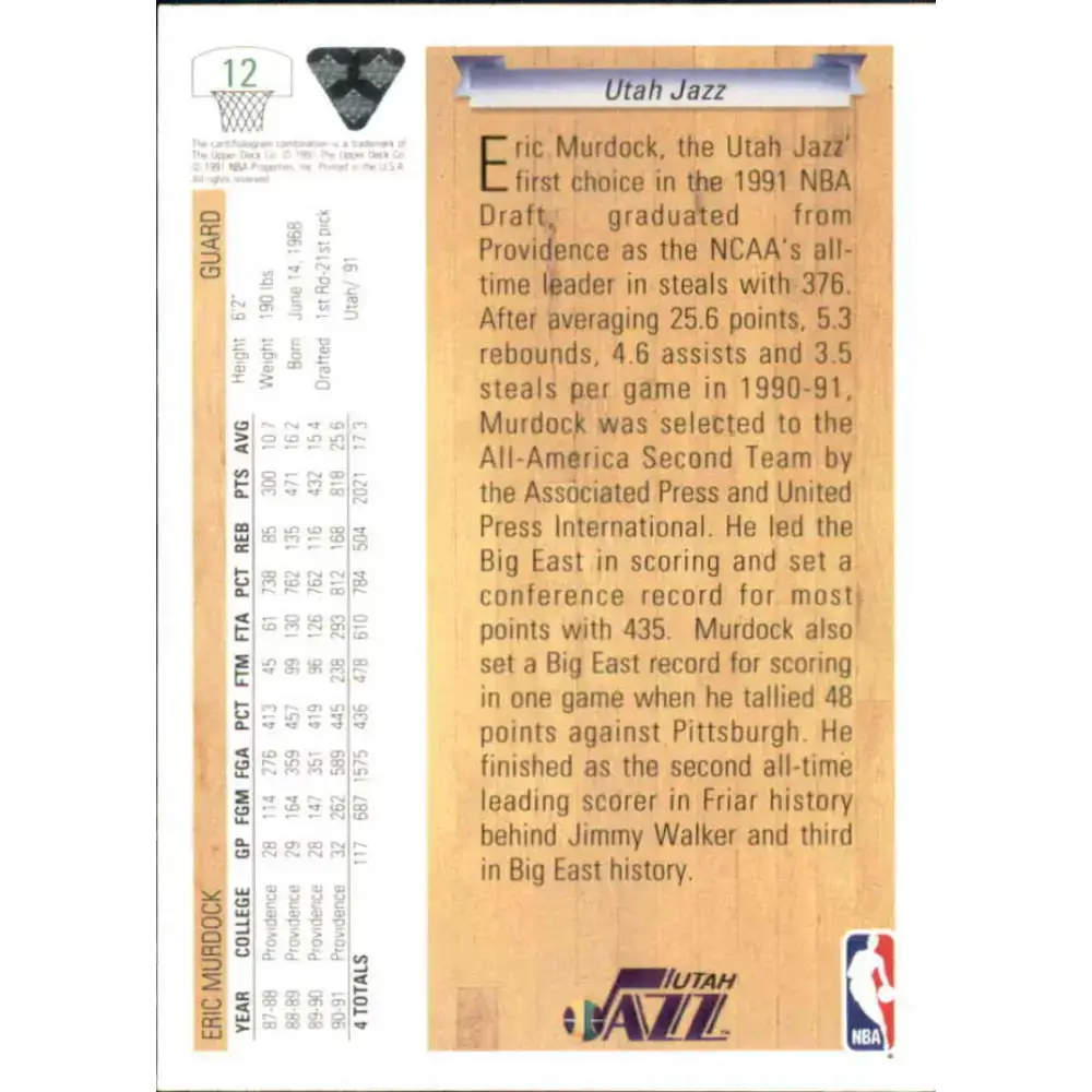 1991-92 Upper Deck #12 Eric Murdock NM-MT RC Rookie Utah Jazz Basketball Card - Basketball Card Single