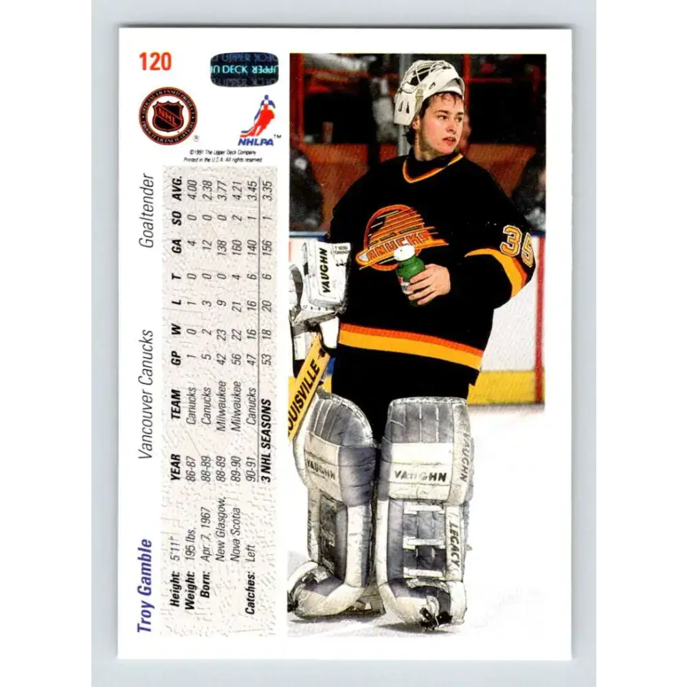 1991-92 Upper Deck #120 Troy Gamble NM-MT Vancouver Canucks Hockey Card - Hockey Card Single