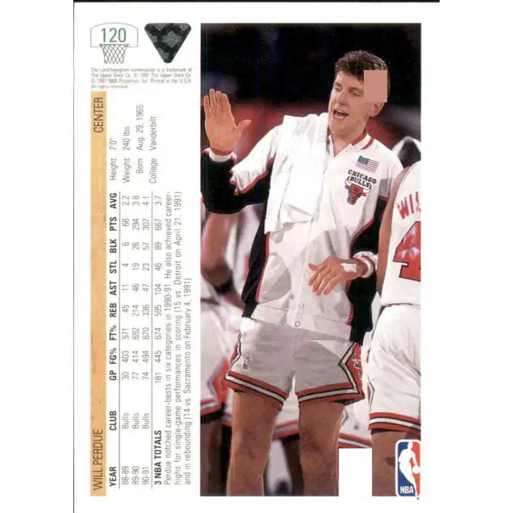 1991-92 Upper Deck #120 Will Perdue NM-MT Chicago Bulls Basketball Card - Basketball Card Single