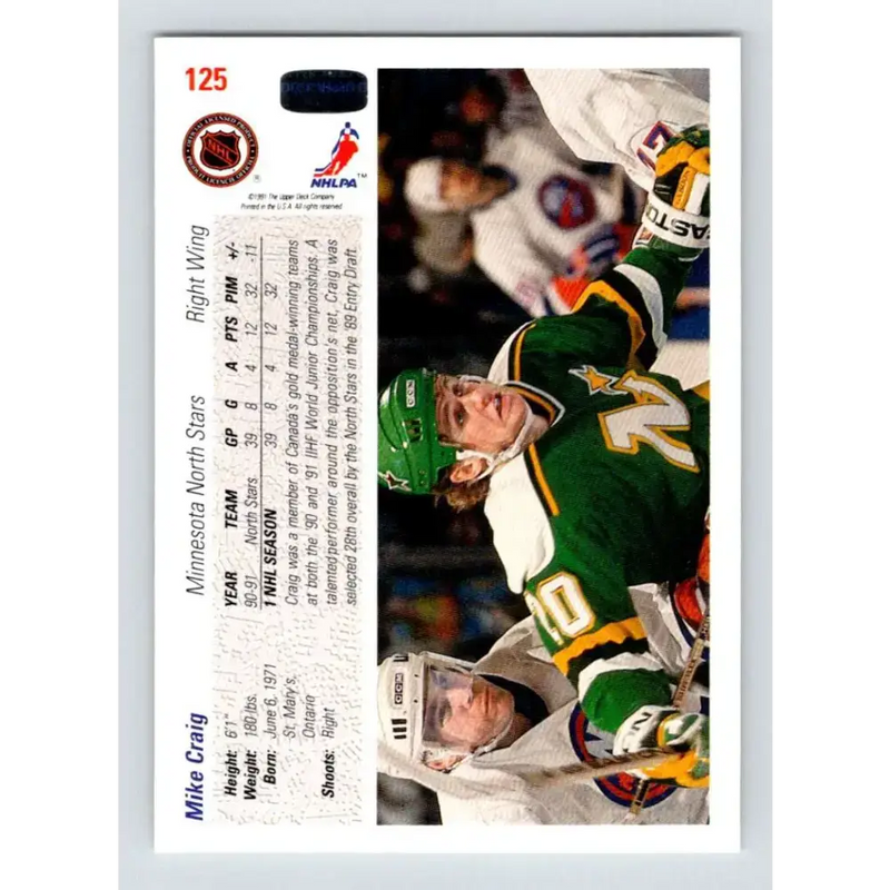 1991-92 Upper Deck #125 Mike Craig NM-MT Minnesota North Stars Hockey Card - Hockey Card Single