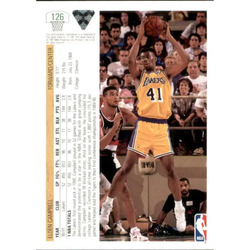 1991-92 Upper Deck #126 Elden Campbell NM-MT Los Angeles Lakers Basketball Card - Basketball Card Single