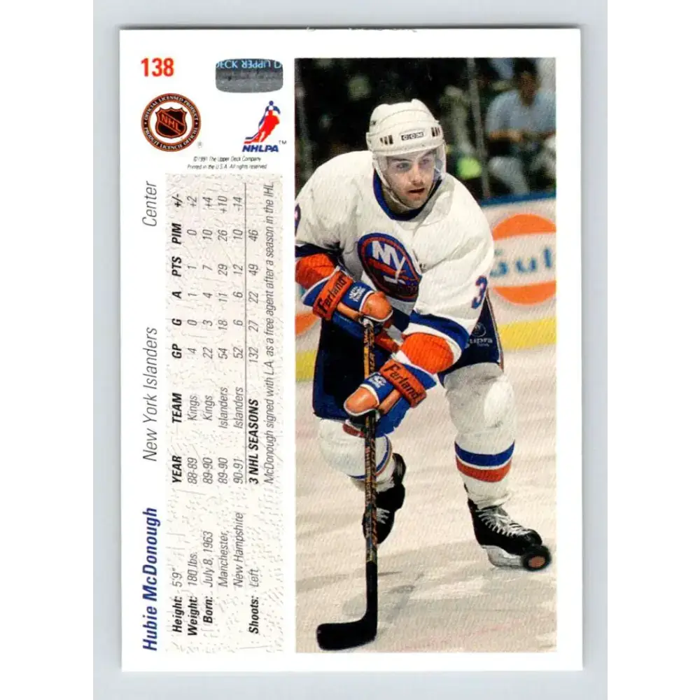 1991-92 Upper Deck #138 Hubie McDonough NM-MT New York Islanders Hockey Card - Hockey Card Single