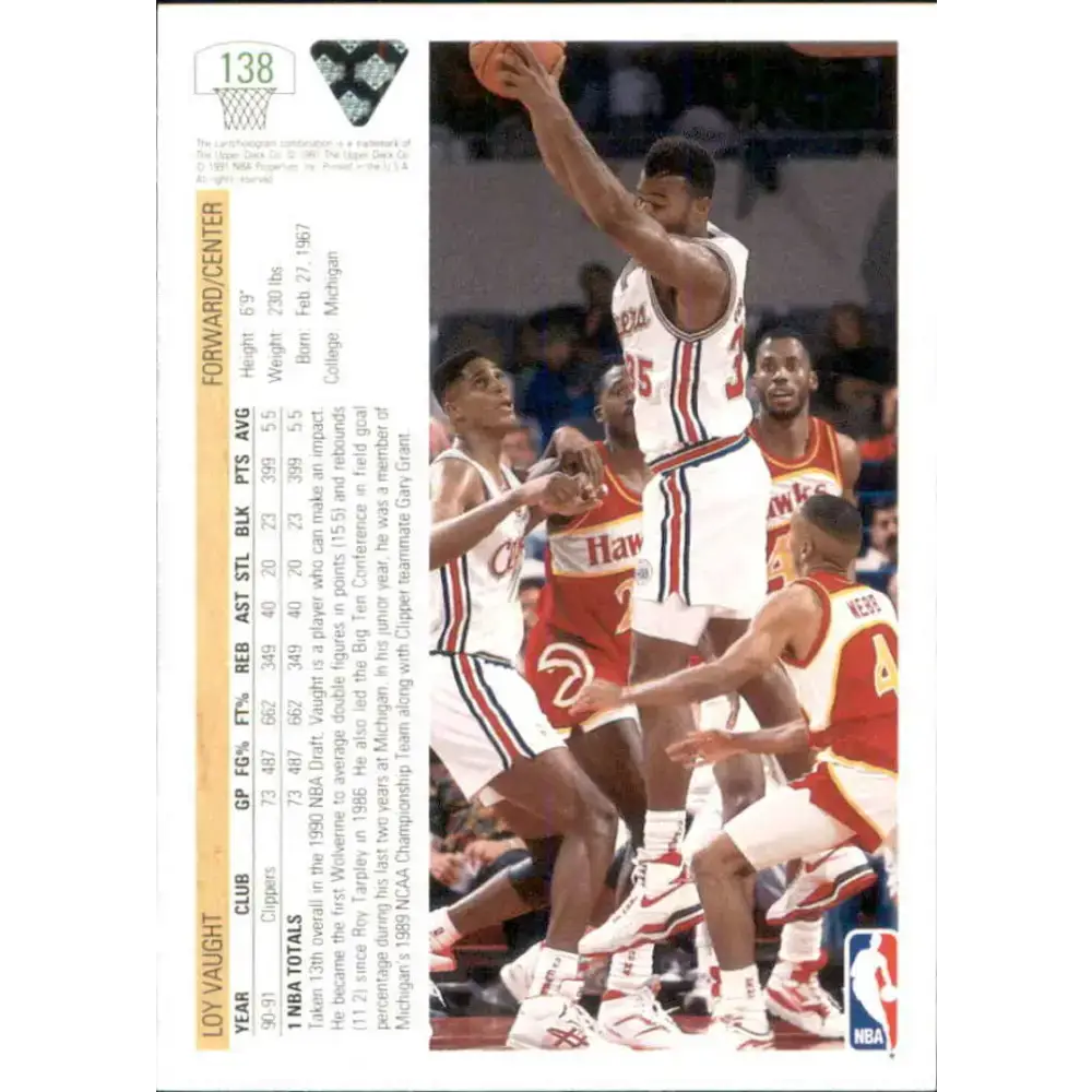 1991-92 Upper Deck #138 Loy Vaught NM-MT Los Angeles Clippers Basketball Card - Basketball Card Single