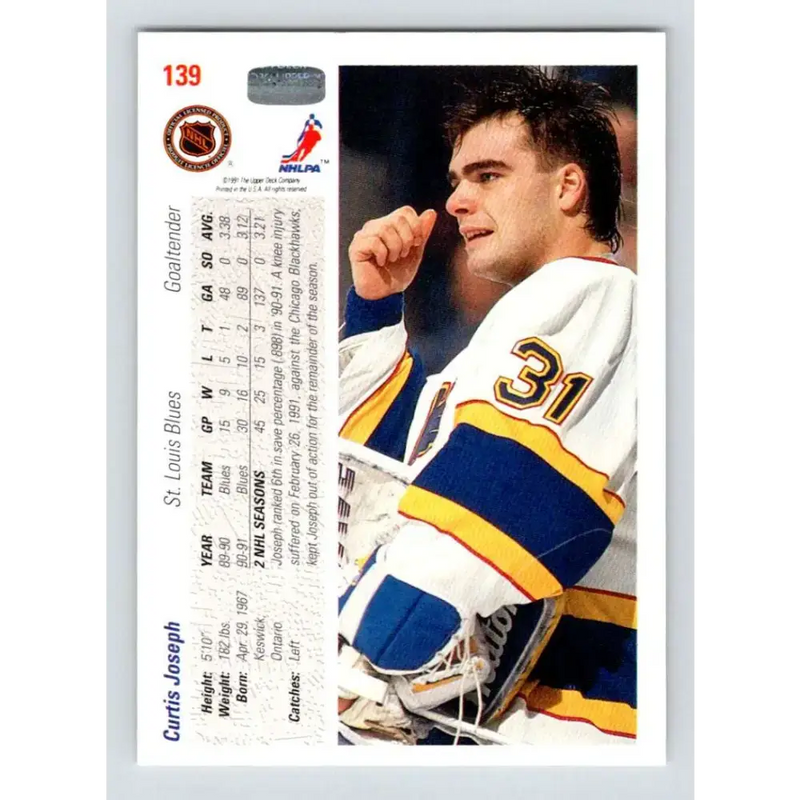 1991-92 Upper Deck #139 Curtis Joseph NM-MT Hockey Card - Hockey Card Single