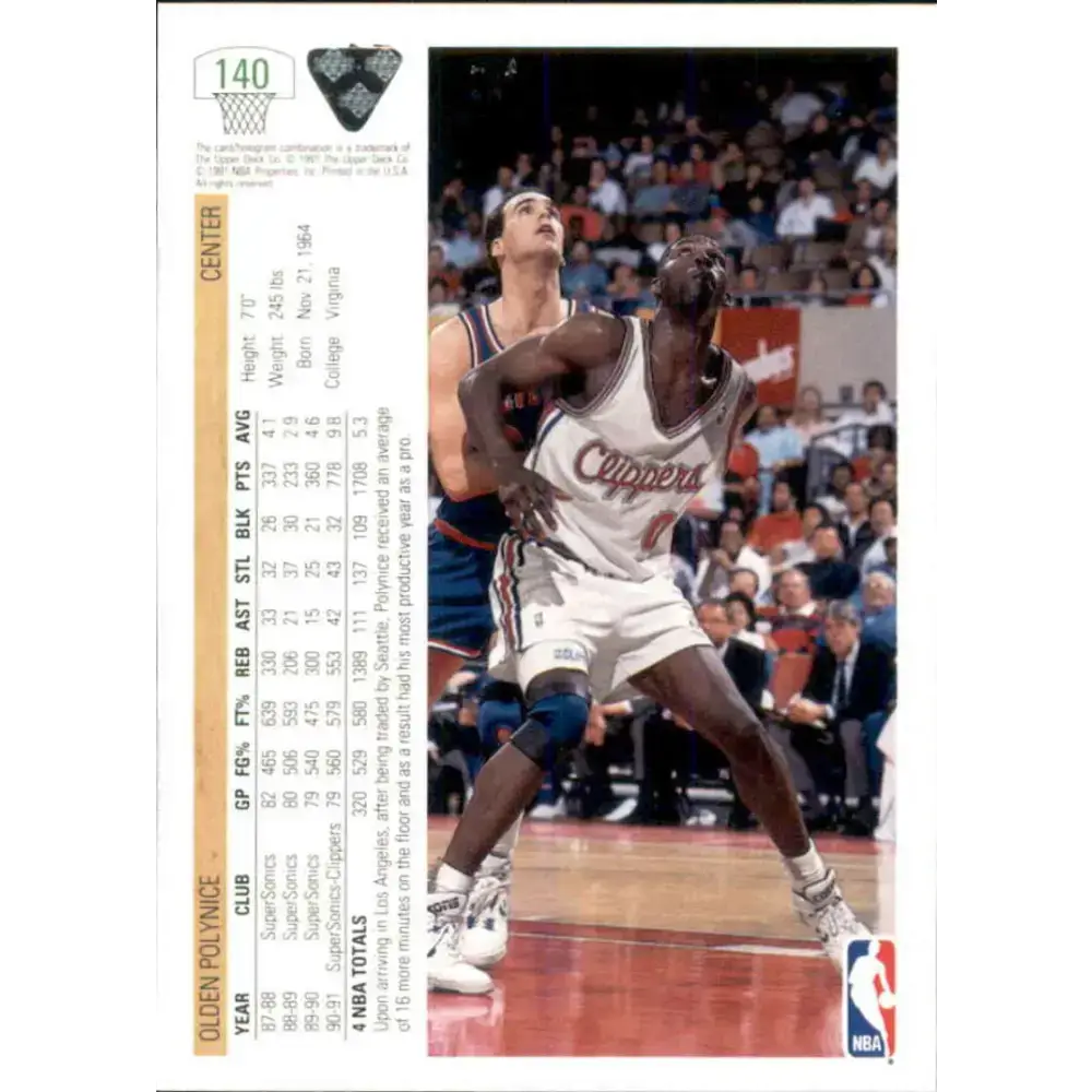 1991-92 Upper Deck #140 Olden Polynice NM-MT Los Angeles Clippers Basketball Card - Basketball Card Single