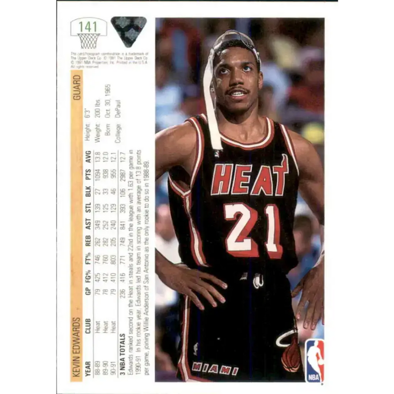 1991-92 Upper Deck #141 Kevin Edwards NM-MT Miami Heat Basketball Card - Basketball Card Single