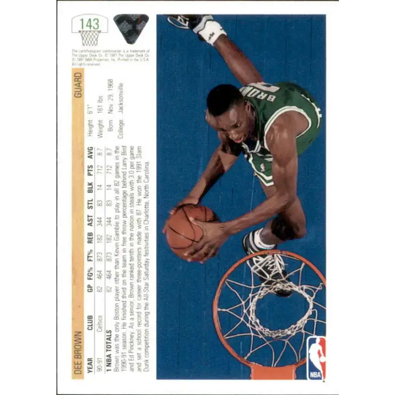 1991-92 Upper Deck #143 Dee Brown NM-MT Boston Celtics Basketball Card - Basketball Card Single
