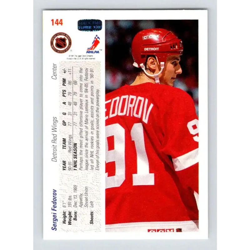 1991-92 Upper Deck #144 Sergei Fedorov NM-MT Detroit Red Wings Hockey Card - Hockey Card Single