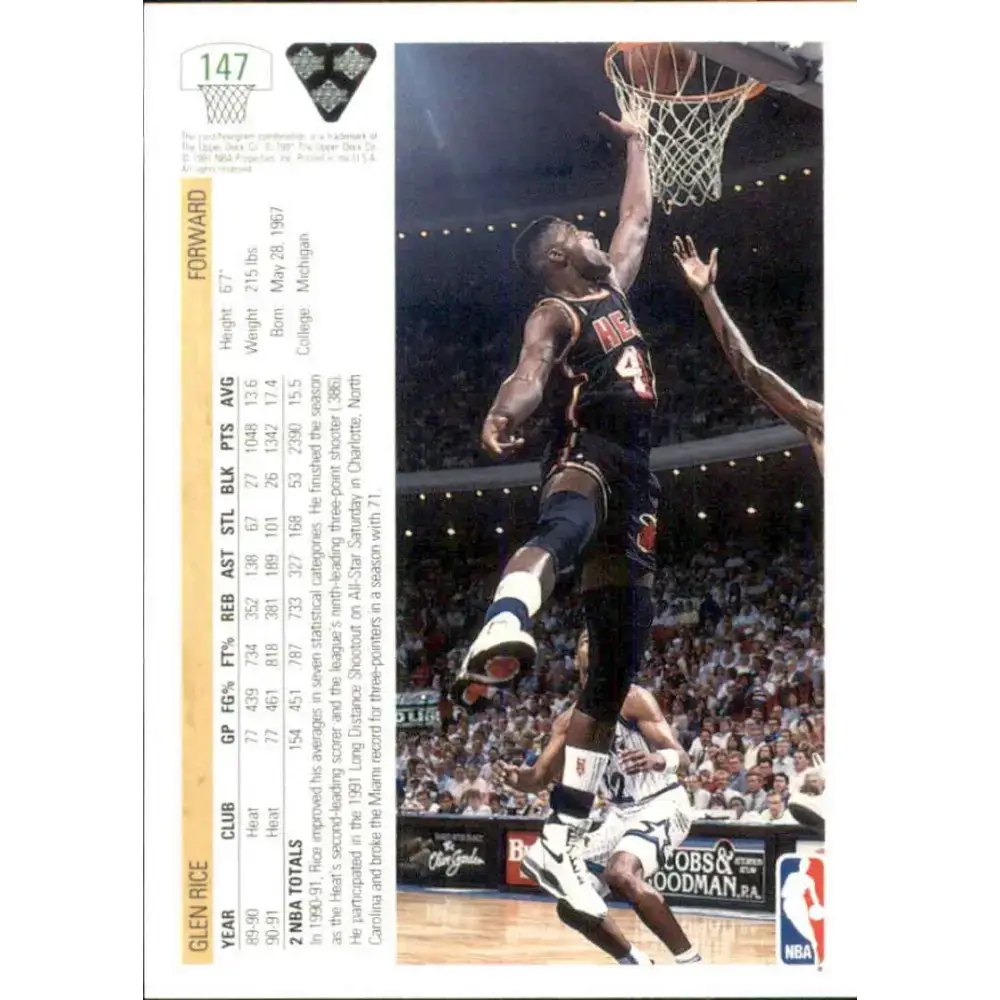 1991-92 Upper Deck #147 Glen Rice NM-MT Miami Heat Basketball Card - Basketball Card Single