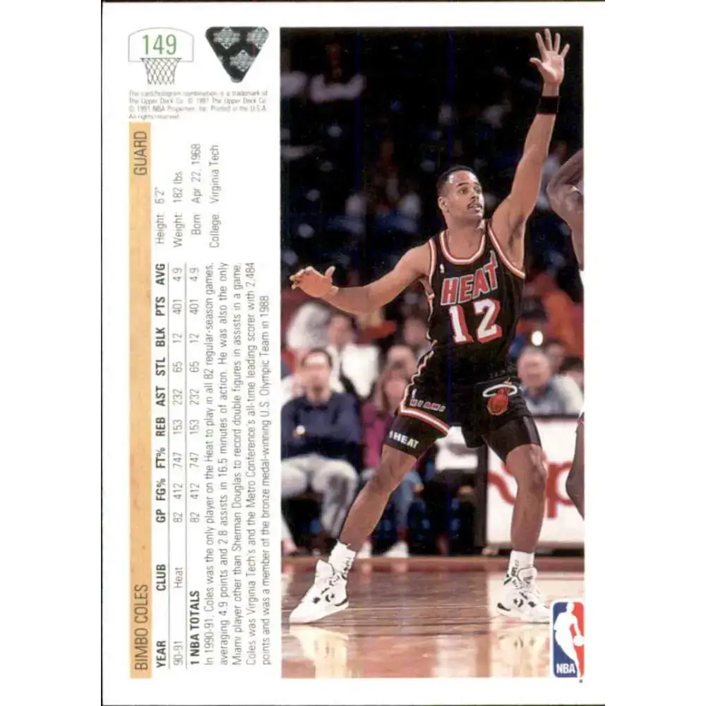 1991-92 Upper Deck #149 Bimbo Coles NM-MT Miami Heat Basketball Card - Basketball Card Single