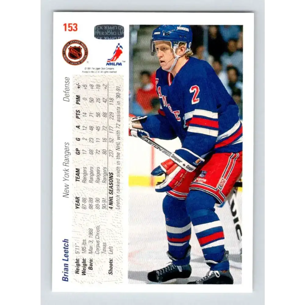1991-92 Upper Deck #153 Brian Leetch NM-MT New York Rangers Hockey Card - Hockey Card Single