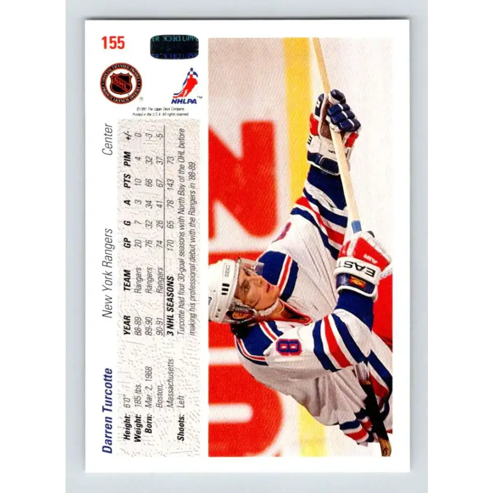 1991-92 Upper Deck #155 Darren Turcotte NM-MT New York Rangers Hockey Card - Hockey Card Single