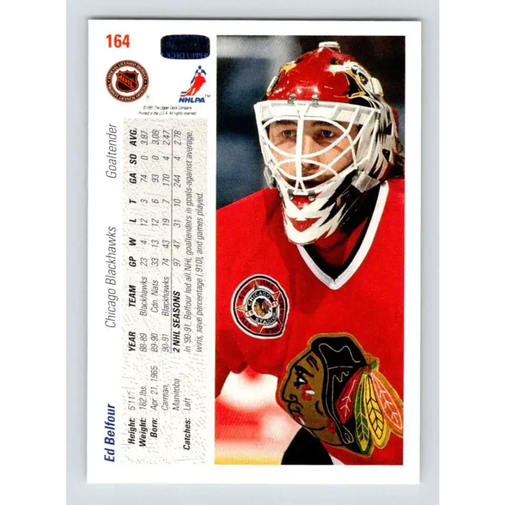 1991-92 Upper Deck #164 Ed Belfour NM-MT Chicago Blackhawks Hockey Card - Hockey Card Single