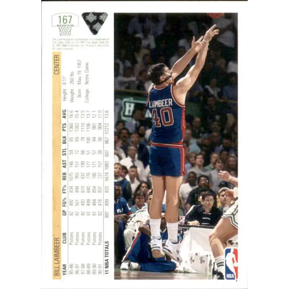1991-92 Upper Deck #167 Bill Laimbeer NM-MT Detroit Pistons Basketball Card - Basketball Card Single