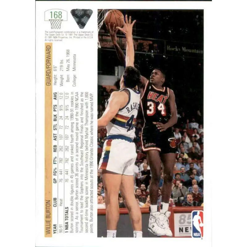 1991-92 Upper Deck #168 Willie Burton NM-MT Miami Heat Basketball Card - Basketball Card Single