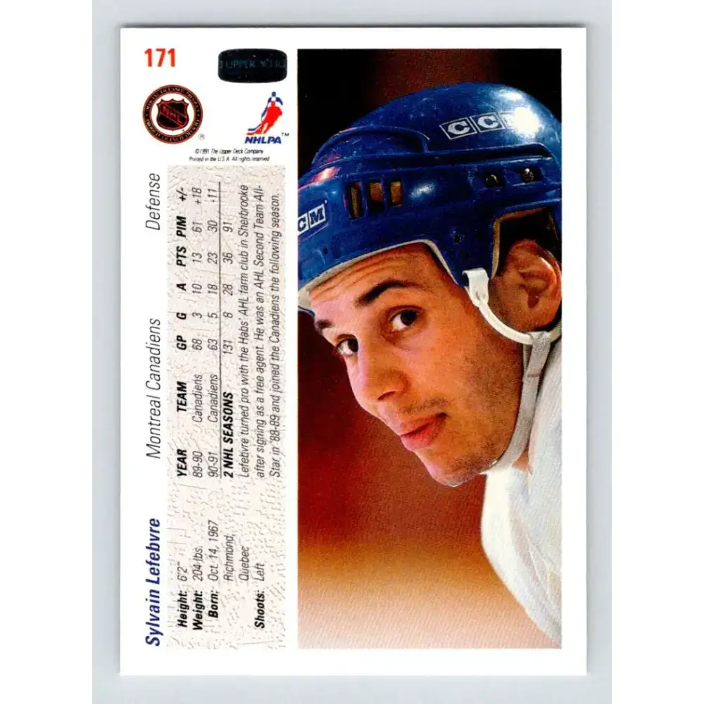 1991-92 Upper Deck #171 Sylvain Lefebvre NM-MT Montreal Canadiens Hockey Card - Hockey Card Single