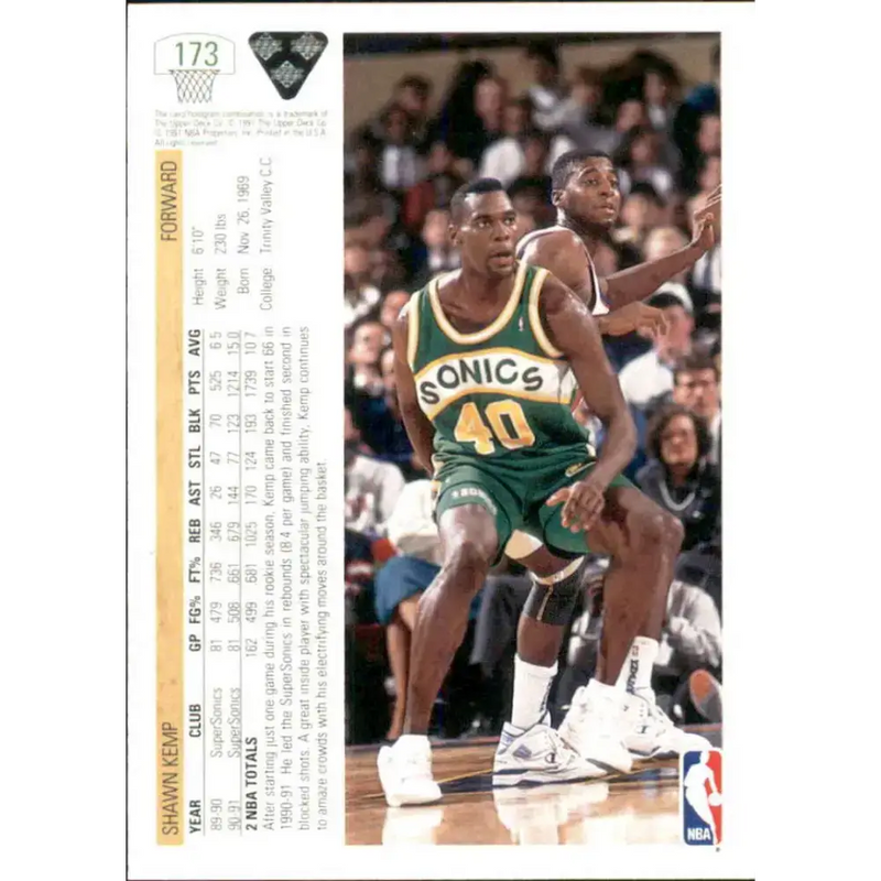 1991-92 Upper Deck #173 Shawn Kemp NM-MT Seattle SuperSonics Basketball Card - Basketball Card Single