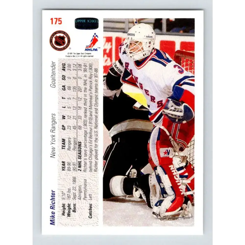 1991-92 Upper Deck #175 Mike Richter NM-MT New York Rangers Hockey Card - Hockey Card Single