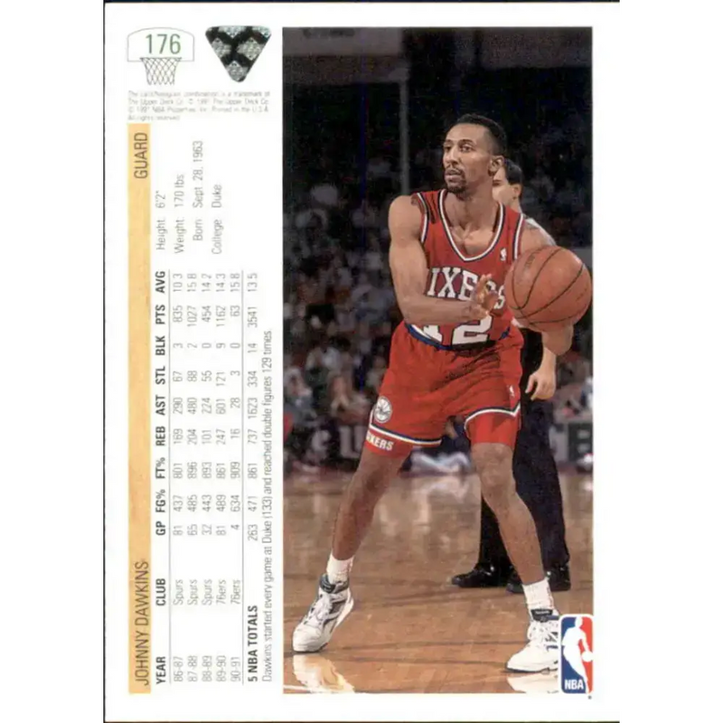 1991-92 Upper Deck #176 Johnny Dawkins NM-MT Philadelphia 76ers Basketball Card - Basketball Card Single