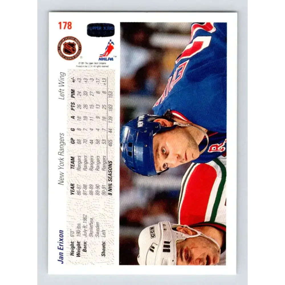 1991-92 Upper Deck #178 Jan Erixon NM-MT New York Rangers Hockey Card - Hockey Card Single