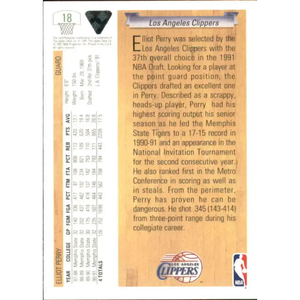 1991-92 Upper Deck #18 Elliot Perry NM-MT RC Rookie Los Angeles Clippers Basketball Card - Basketball Card Single