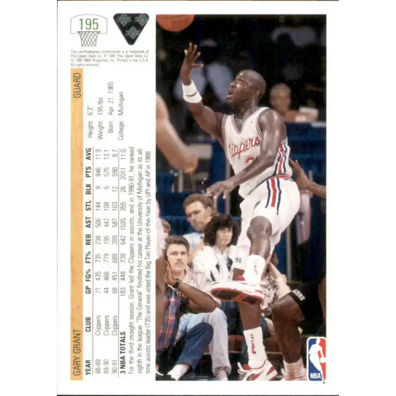 1991-92 Upper Deck #195 Gary Grant NM-MT Los Angeles Clippers Basketball Card - Basketball Card Single