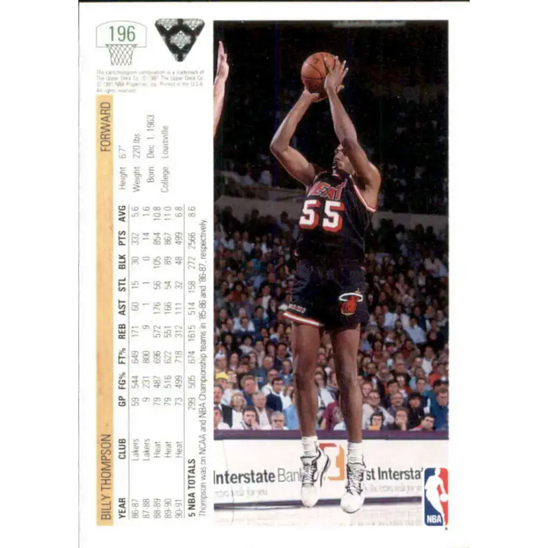 1991-92 Upper Deck #196 Billy Thompson NM-MT Miami Heat Basketball Card - Basketball Card Single