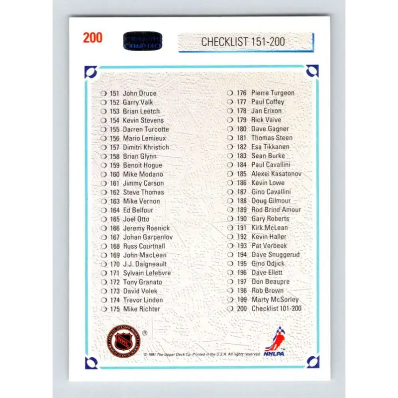 1991-92 Upper Deck #200 Checklist 101-200 NM-MT Hockey Card - Hockey Card Single