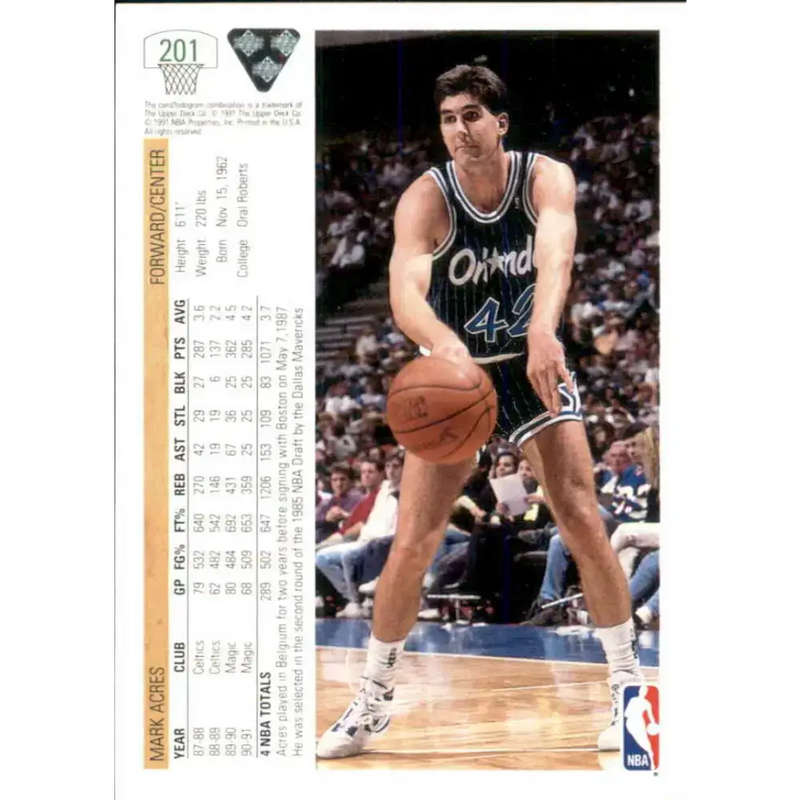 1991-92 Upper Deck #201 Mark Acres NM-MT Orlando Magic Basketball Card - Basketball Card Single