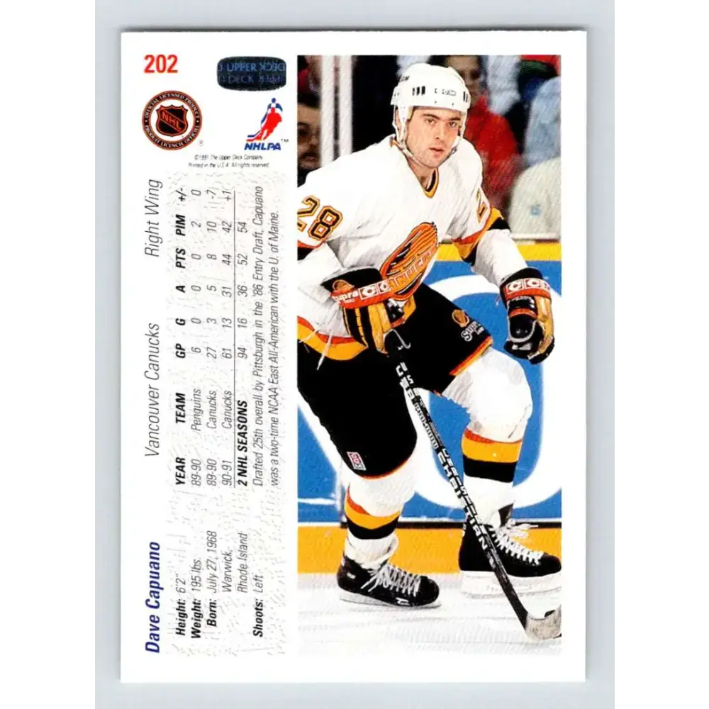 1991-92 Upper Deck #202 Dave Capuano NM-MT Vancouver Canucks Hockey Card - Hockey Card Single