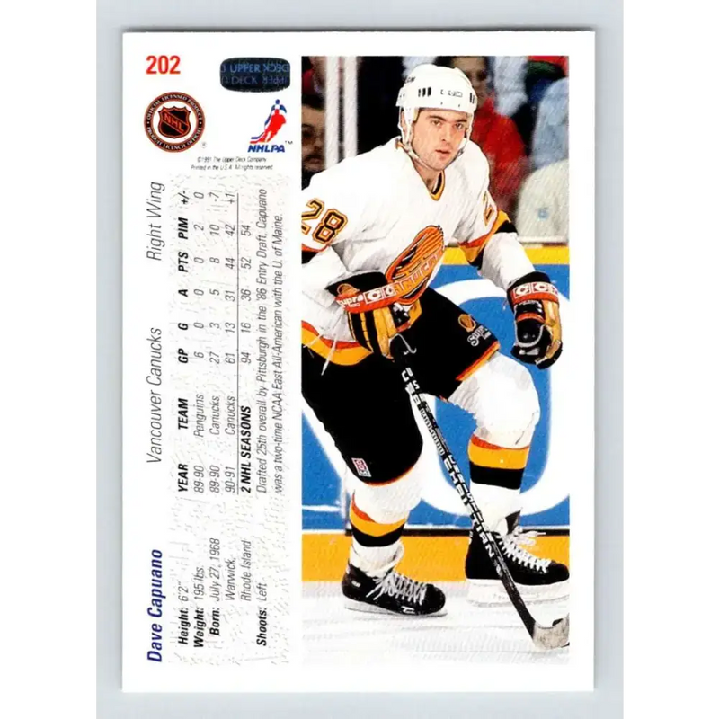 1991-92 Upper Deck #202 Dave Capuano NM-MT Vancouver Canucks Hockey Card - Hockey Card Single
